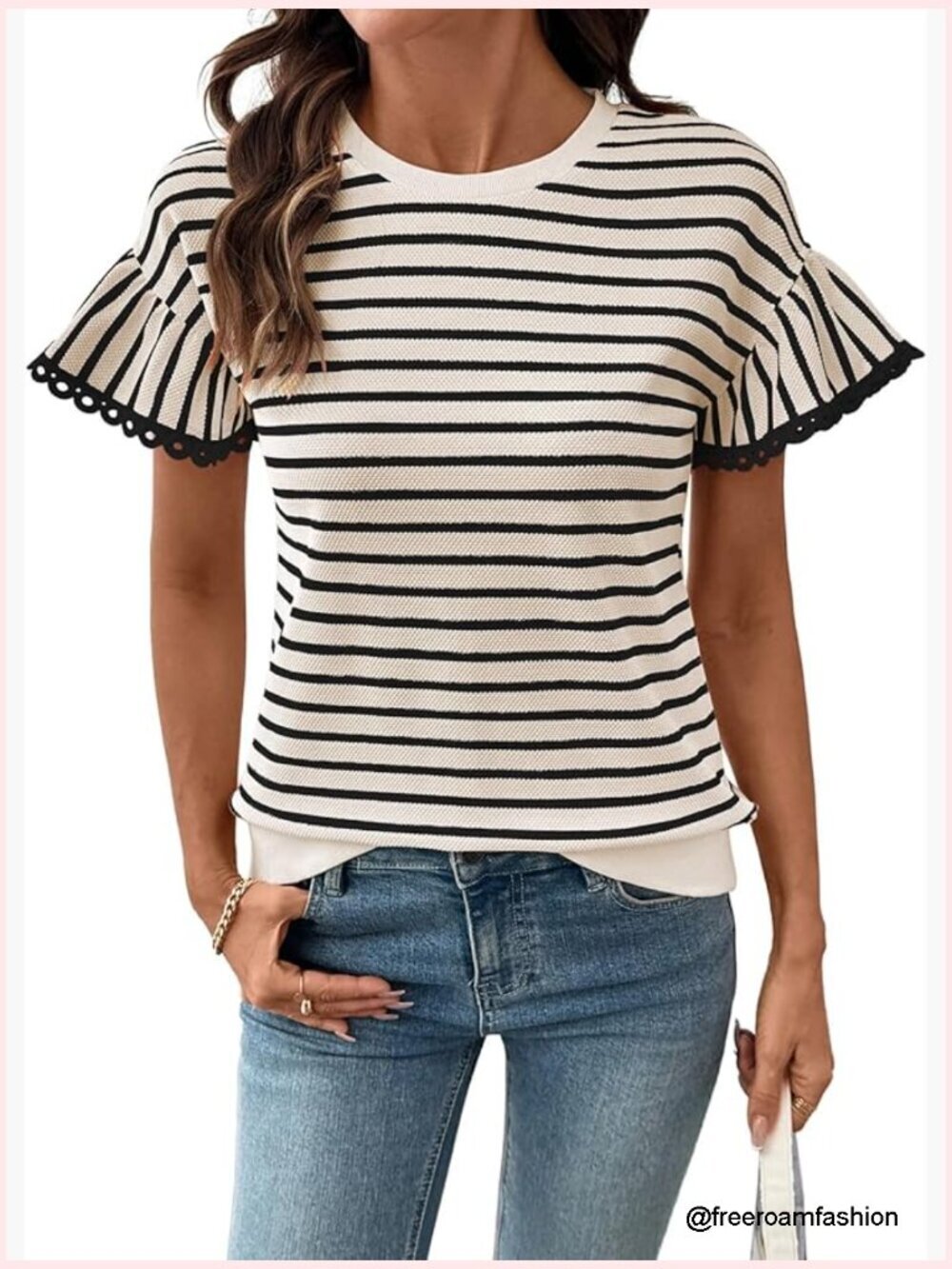 Womens Loose Fit Striped Rib Knit T-Shirt Summer Business Casual Top